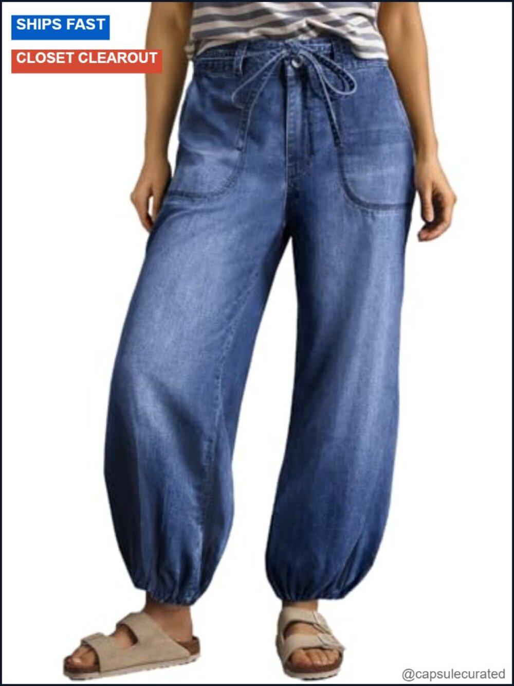 Wide Leg High Waisted Drawstring Baggy Stretchy Harem Ankle Denim Jeans